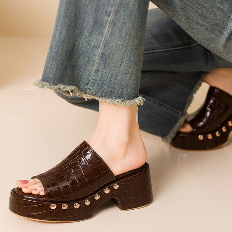 Women's Low Wedge Chunky Heels Sandals Stone Print Patent Slippers Thick Platform Metal Studs Shoes