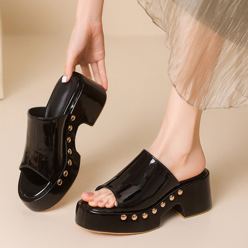 Women's Low Wedge Chunky Heels Sandals Stone Print Patent Slippers Thick Platform Metal Studs Shoes