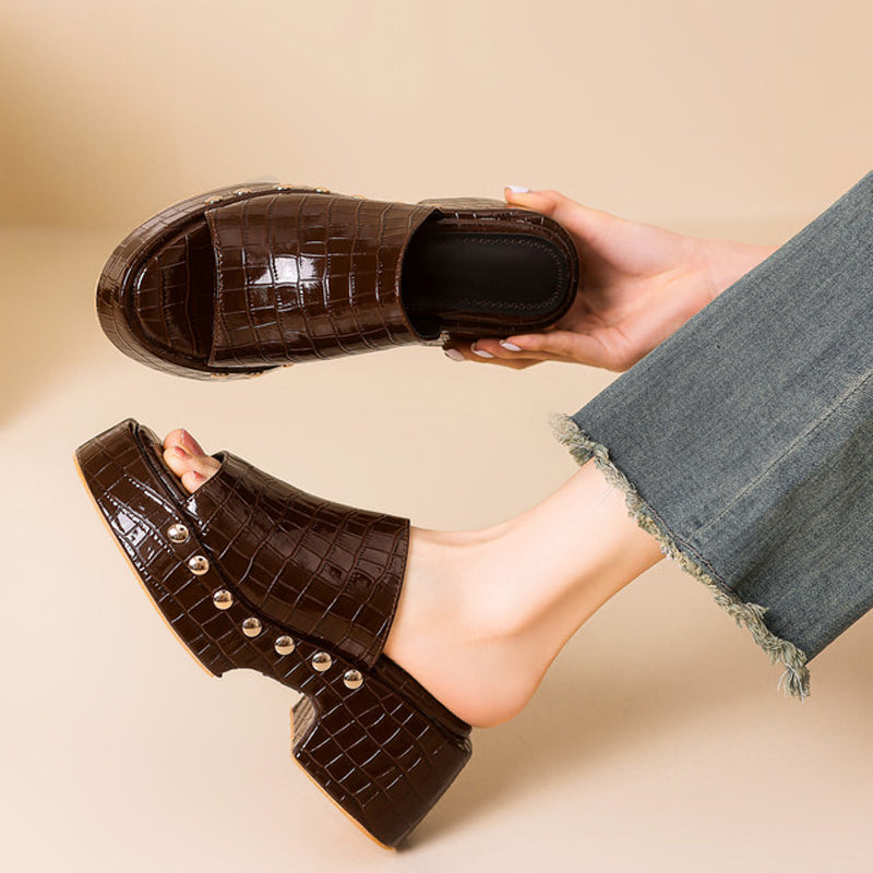 Women's Low Wedge Chunky Heels Sandals Stone Print Patent Slippers Thick Platform Metal Studs Shoes